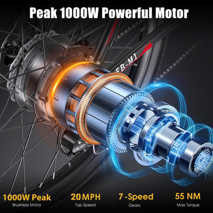 Funhang for Adults, 1000W Peak 50Miles Mountain, 26" Adult Electric Bicycle with 48V Removable Battery