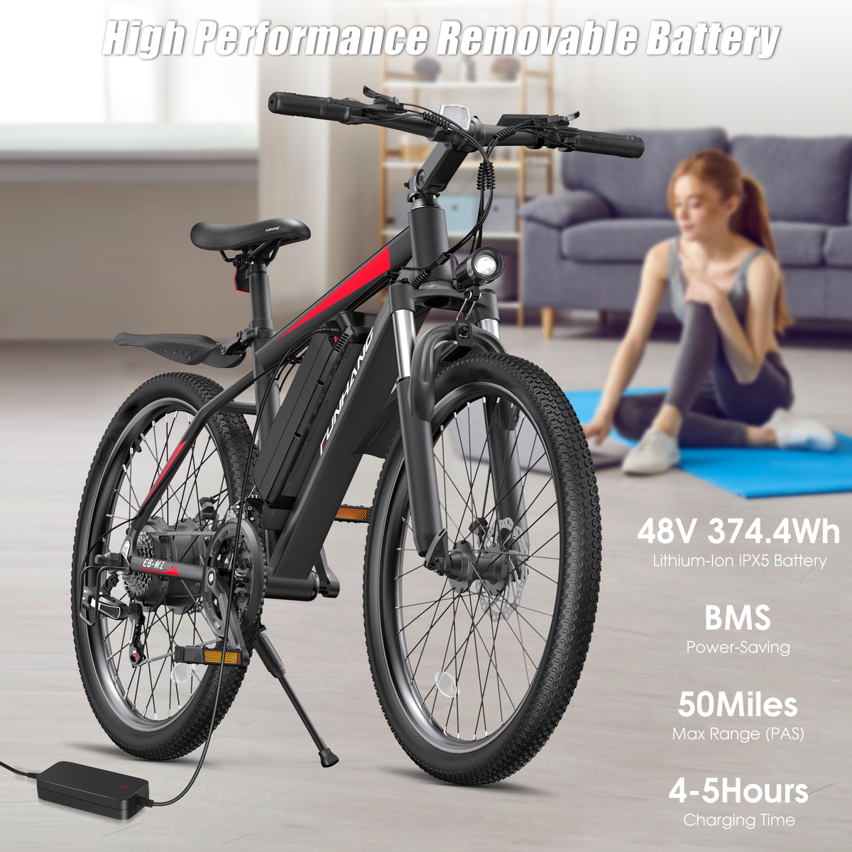 Funhang for Adults, 1000W Peak 50Miles Mountain, 26" Adult Electric Bicycle with 48V Removable Battery