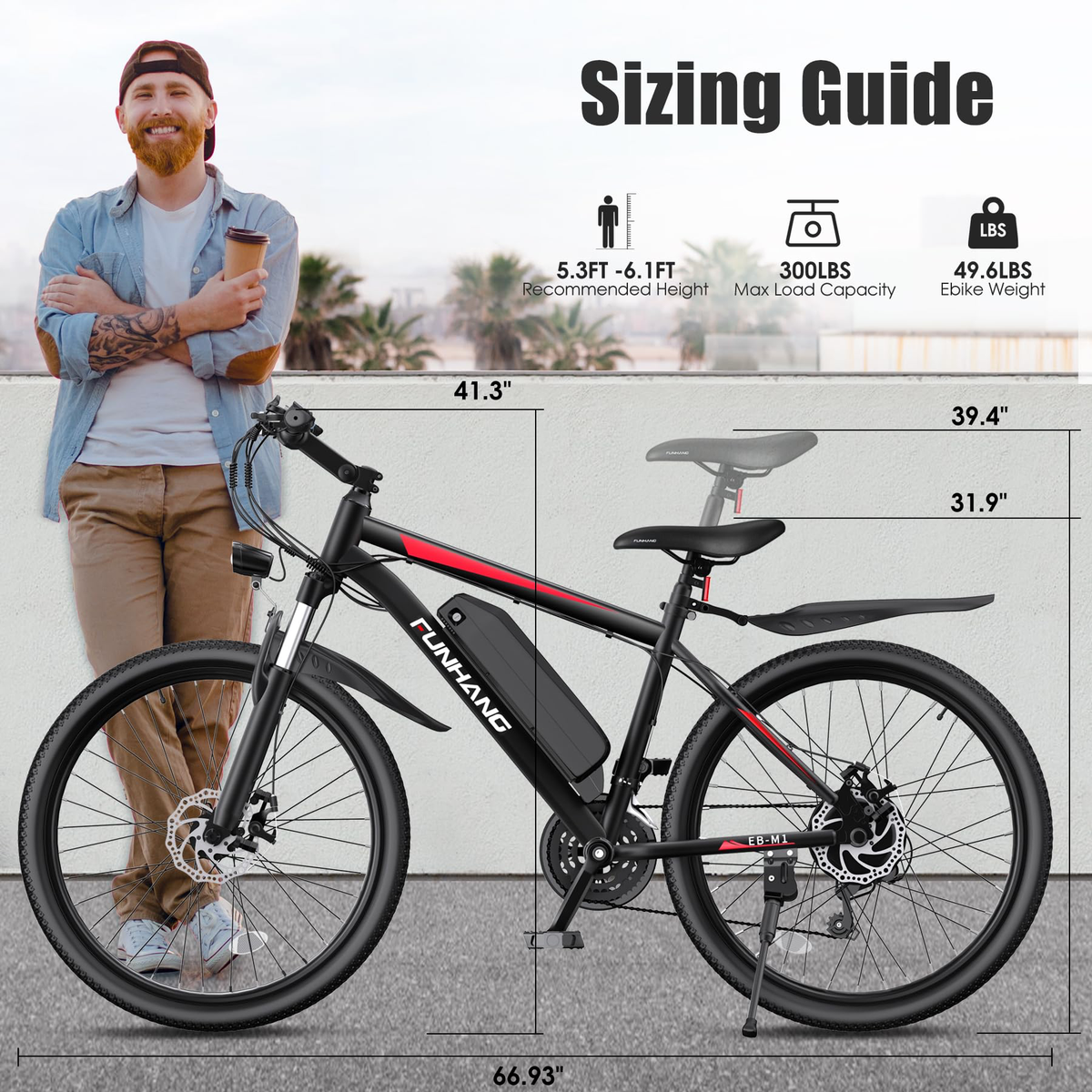 Funhang for Adults, 1000W Peak 50Miles Mountain, 26" Adult Electric Bicycle with 48V Removable Battery